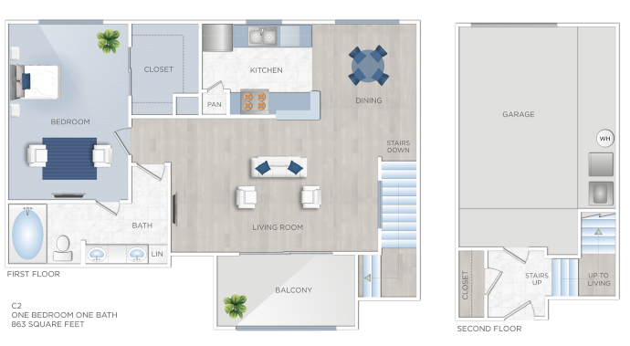 Floor plan for 1 bed, 1 bath, 863 sqft